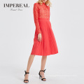 Hollow Out Turtle Neck Long Sleeve Elegant Lady Pleated Sexy Midi Dress Women